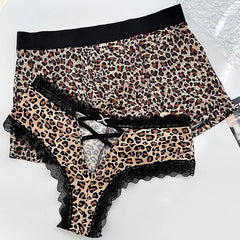 Couple Matching Leopard Print Contrast Trim Boxer Brief / Lace Panel Panty / Thong / Set