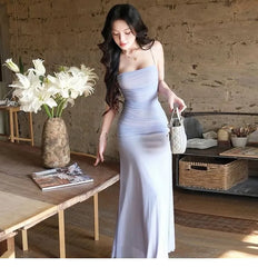 Spaghetti Strap Plain Ruched Maxi Bodycon Dress