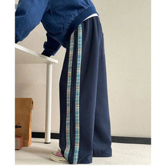 Drawstring Waist Plaid Panel Wide Leg Sweatpants