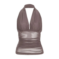 Halter V-Neck Plain Sheer Open-Back Slim-Fit Crop Tank Top