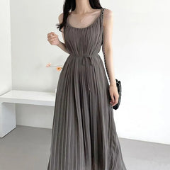 Spaghetti Strap Plain Accordion Pleated Tie-Waist Maxi A-Line Dress