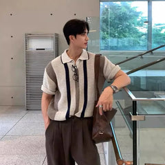 Elbow-Sleeve Drop Shoulder Striped Knit Polo Shirt