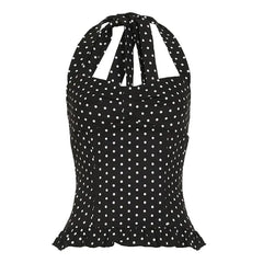 Halter Neck Dotted Ruffled Hem Slim-Fit Tank Top