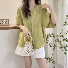 Linen 3/4 Sleeve Round Neck Loose Blouse