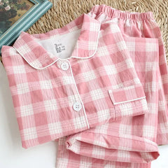 Couple Matching Pajama Set: Long Sleeve Collared Plaid Shirt + Elastic Waist Straight Leg Pants (Various Designs)