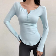 Long-Sleeve Henley Plain Quick Dry T-Shirt