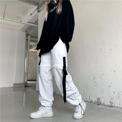Elastic Waist Plain Cutout Buckled Wide Leg Cargo Pants