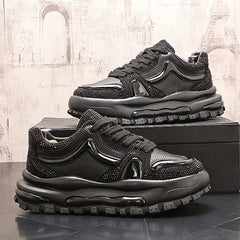 Platform Rhinestone Lace-Up Faux Leather Sneakers