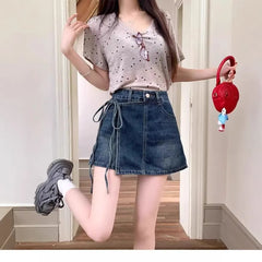 High Waist Asymmetrical Washed Denim Mini A-Line Skort