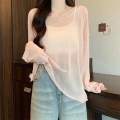 Long-Sleeve Boat Neck Plain Lettuce Edge Sheer T-Shirt