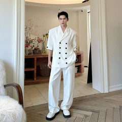 Set: 3/4-Sleeve Notch Lapel Double-Breasted Plain Blazer + Mid Rise Wide Leg Dress Pants