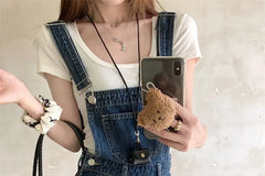 Pocket Detail Roll Up Hem Denim Overall Shorts