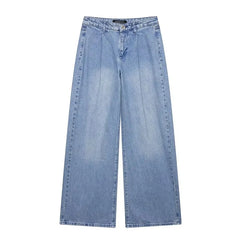 Round Neck Washed Button Denim Vest / High Waist Wide Leg Jeans