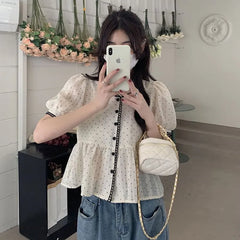 Short Sleeve Crew Neck Dotted Peplum Blouse