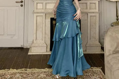 Spaghetti Strap Plain Asymmetrical Ruched Tiered Maxi A-Line Dress