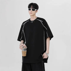 Elbow-Sleeve Crew Neck Plain Contrast Stitching T-Shirt