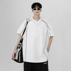 Elbow-Sleeve Crew Neck Plain Contrast Stitching T-Shirt