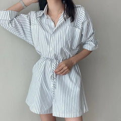 Long-Sleeve Henley Striped Pocket Front Romper