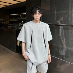 Set: Short-Sleeve Round Neck Two Tone T-Shirt + Drawstring Waist Sweat Shorts