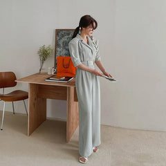 Elbow-Sleeve Lapel Collar Plain Wide Leg Jumpsuit