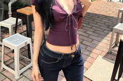 Short-Sleeve V-Neck Plain Lace Trim Cropped T-Shirt