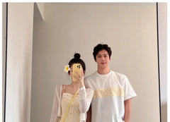Couple Matching Spaghetti Strap Dotted Lace Panel Midi A-Line Dress / Plain Perforated Crop Cardigan / Elbow-Sleeve Crew Neck Panel T-Shirt / Drawstring Waist Wide Leg Shorts / Set