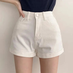 High Waist Washed Roll Up Hem Denim Hot Pants