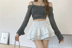 High Waist Plain Ruffle Mini Skort