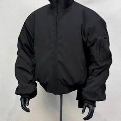 Stand Collar Plain Zip Bomber Light Jacket