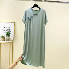 Short-Sleeve Frog Buttoned Midi Pajama Dress