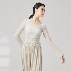 Long-Sleeve Square Neck Plain Ruched Dance T-Shirt
