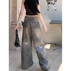[40-42/2XL] Mid Waist Ripped Patchwork Washed Wide Leg Jeans