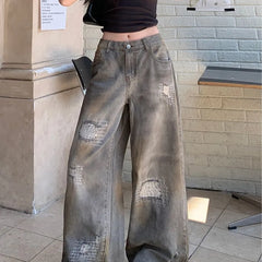 [40-42/2XL] Mid Waist Ripped Patchwork Washed Wide Leg Jeans