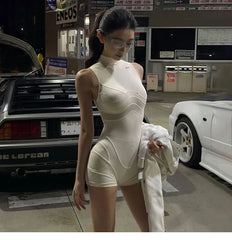Sleeveless Mock Neck Sheer Panel Romper