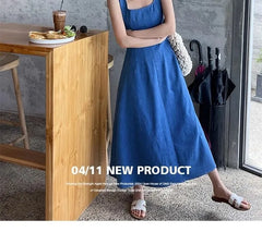 Sleeveless Square Neck Washed Maxi A-Line Denim Dress