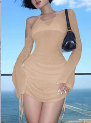 Long Sleeve One Shoulder Plain Drawstring Mini Sheath Dress