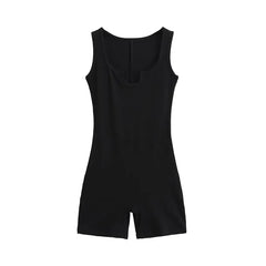 Sleeveless Notch Neck Plain Ribbed Slim Fit Romper