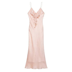 Spaghetti Strap V-Neck Plain Ruffle Trim Open Back Maxi Mermaid Dress