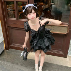 Short-Sleeve V-Neck Plain Lace Mini Tiered Dress
