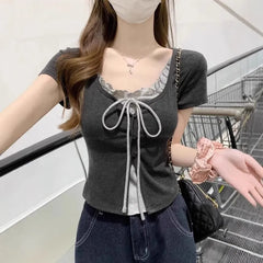 Short Sleeve Mock Two Piece Color-Block Ruffled-Trim Accent Slim-Fit Top