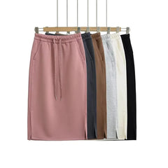 Drawstring Waist Plain Side-Slit Midi H-Line Skirt