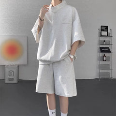 Set: Elbow-Sleeve Henley Plain Oversized T-Shirt + Mid Rise Plain Shorts
