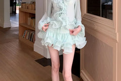 Long-Sleeve V-Neck Plain Ruffle Trim Tie Front Sheer Crop Blouse / Low Rise Rhinestone Accent Layered Mini A-Line Skirt