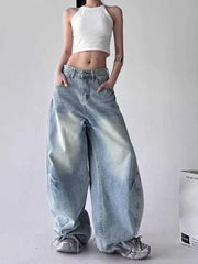 Mid Rise Washed Barrel Baggy Jeans