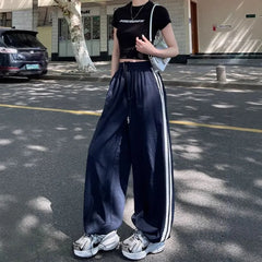 Drawstring Waist Color-Block Striped Baggy Sweatpants