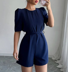 Puff Sleeve Plain Tie-Waist Playsuit