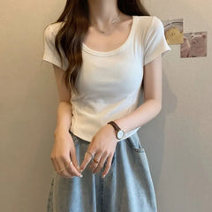 Short Sleeve Scoop Neck Plain Panel Tee
