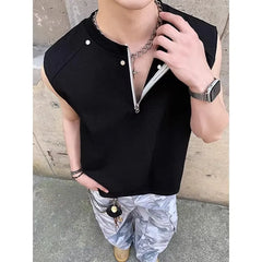 Sleeveless Round Neck Plain Half Zip T-Shirt
