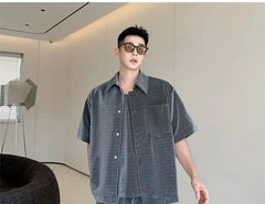 Set: Elbow-Sleeve Crew Neck Plain T-Shirt + Mid Rise Wide Leg Shorts + Shirt