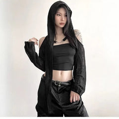 Long-Sleeve Cold-Shoulder Plain Asymmetrical Distressed Hooded Shrug